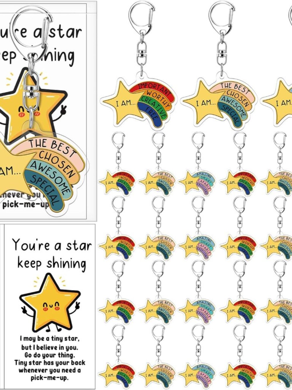 24 Sets Inspirational Star Keychains Bulk, Star Back to School Gift
